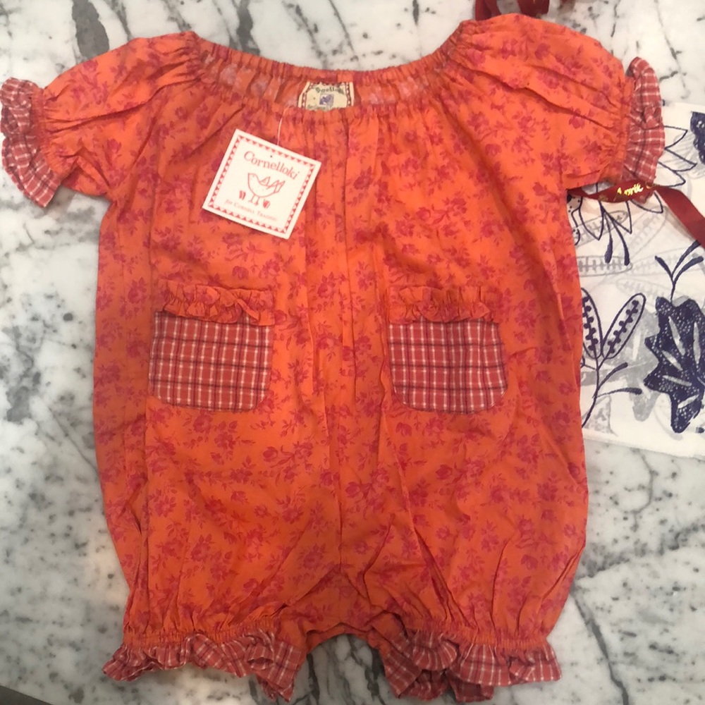 APRIL CORNELL (CORNELLOKI) NWT 1 YR. GIRL FLORAL & GINGHAM JUMPER. Coral/Magenta